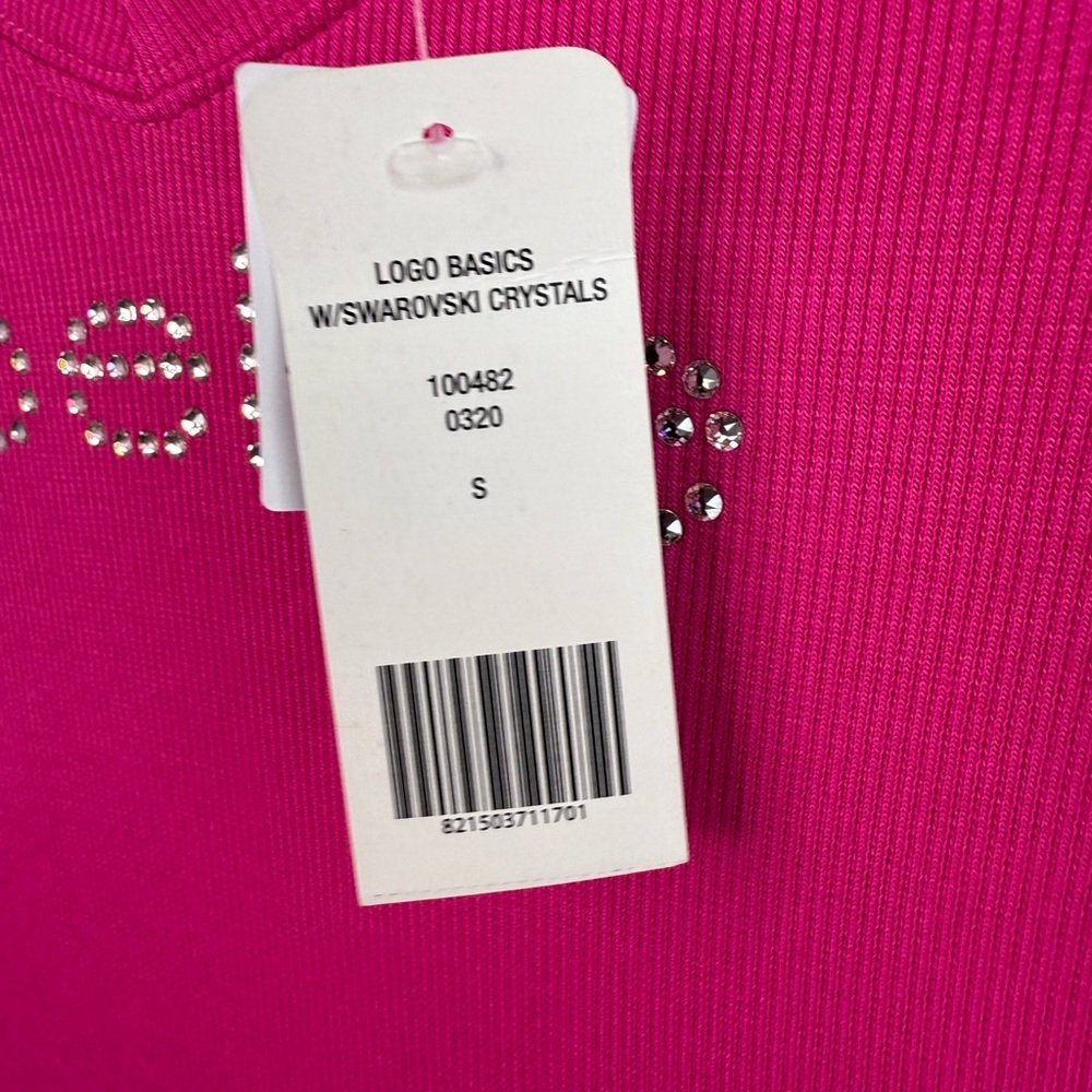 Bebe Swarovski T-shirt rhinestone bling brand new Y2K Women's Fuchsia V-Neck Tee - Picture 5 of 15